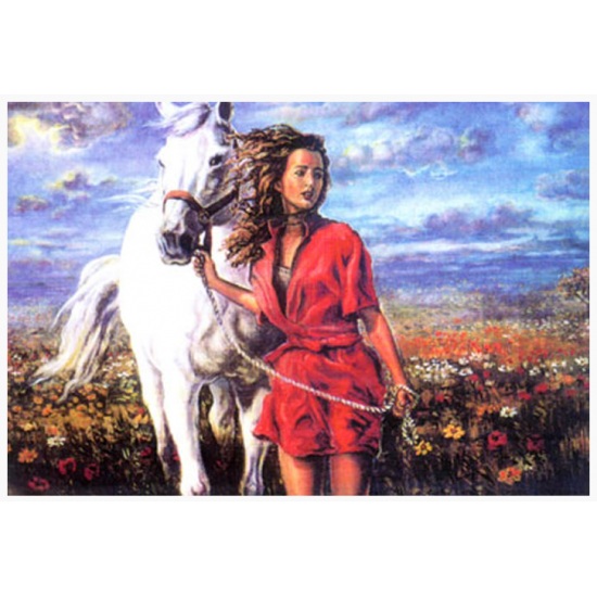 Goblen Seti | 40X50 | Beyaz At ve Kırmızı Elbiseli Kız
