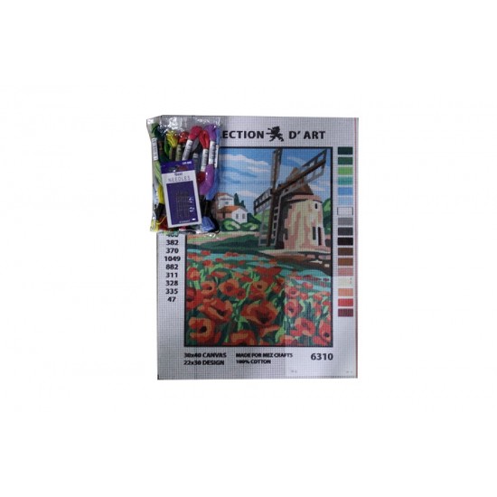 Goblen Seti | 22X30 | Kırmızı Çiçekler ve Yel Değirmeni 